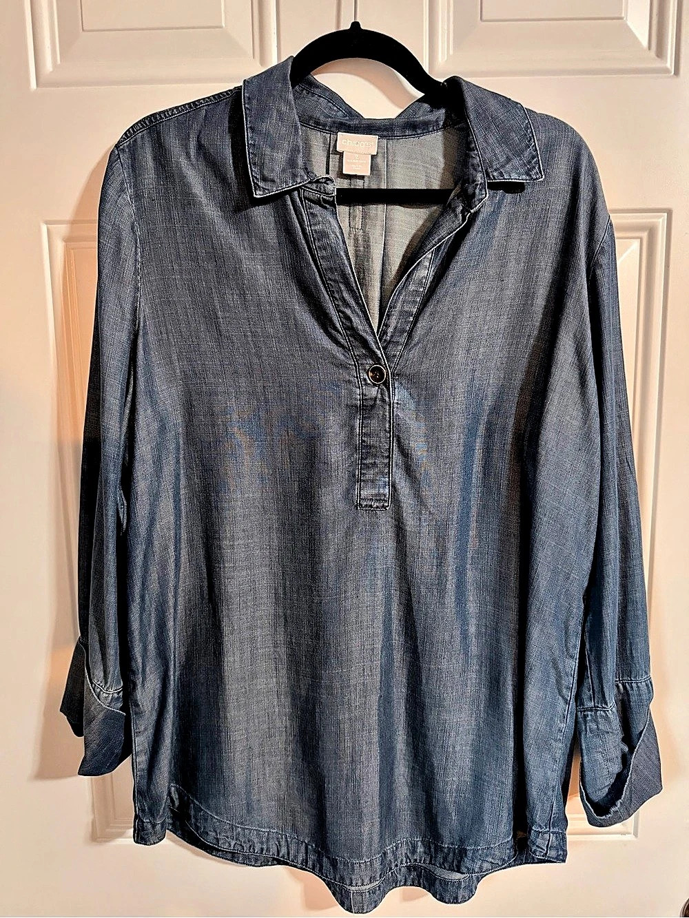 chico's Denim Button Down Blouse in Blue Size 2 Like New